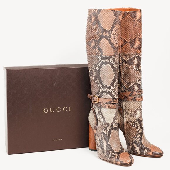 Gucci SS/15 Runway Biscotto & Taffy Python Buckled Knee-High Boots - Picture 15 of 15
